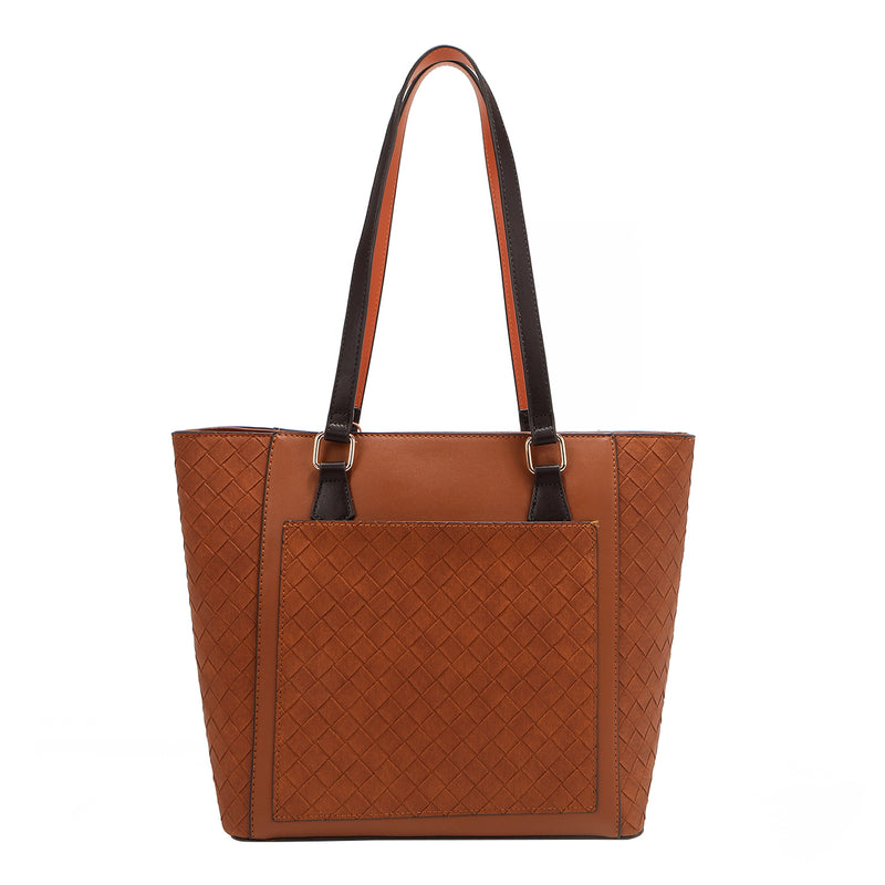 Our Nicole Lee Sun and Sand Tote bag. The back is Brown quilted tote bag with black straps set on a white background