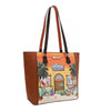 Our Nicole Lee Sun and Sand Tote bag with a colorful design of a beach scene and palm trees set on a white background.