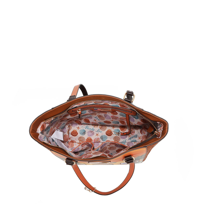 Open handbag with shells interior lining set on a white background