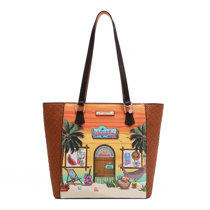 Our Nicole Lee Sun and Sand Tote bag with a colorful design of a beach scene and palm trees set on a white background.