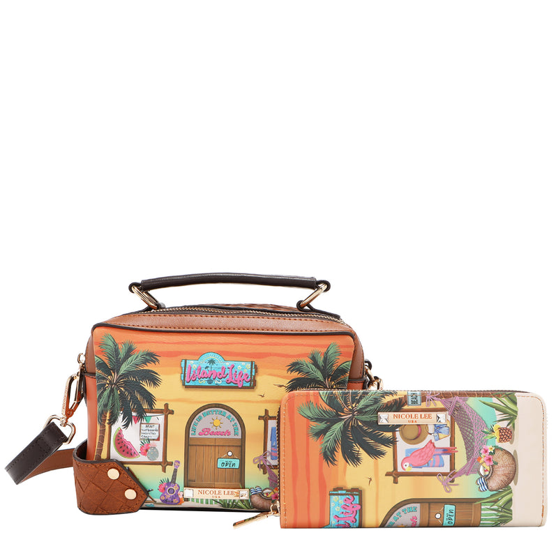 Sun and Sand Colorful Crossbody handbag and wallet with palm tree design set on a white background