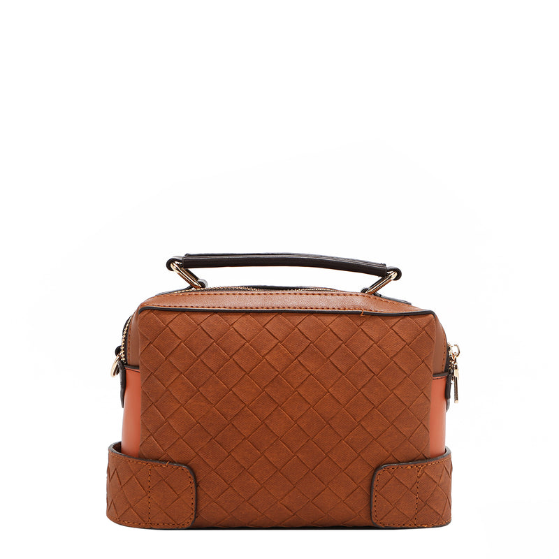 our Sun and Sand Brown quilted  back crossbody bag with a handle set on a white background