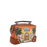 Our Sun and Sand Crossbody with tropical design featuring palm trees and a beach hut set on a white background.