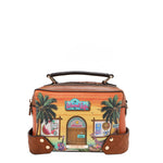 Our Sun and Sand Crossbody with tropical design featuring palm trees and a beach hut set on a white background.