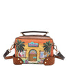 Our Sun and Sand Crossbody bag with a tropical design featuring palm trees and a beach scene set on a white background.