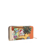 Our Sun and Sand wallet with beach-themed design featuring palm trees and a guitar set on a white background