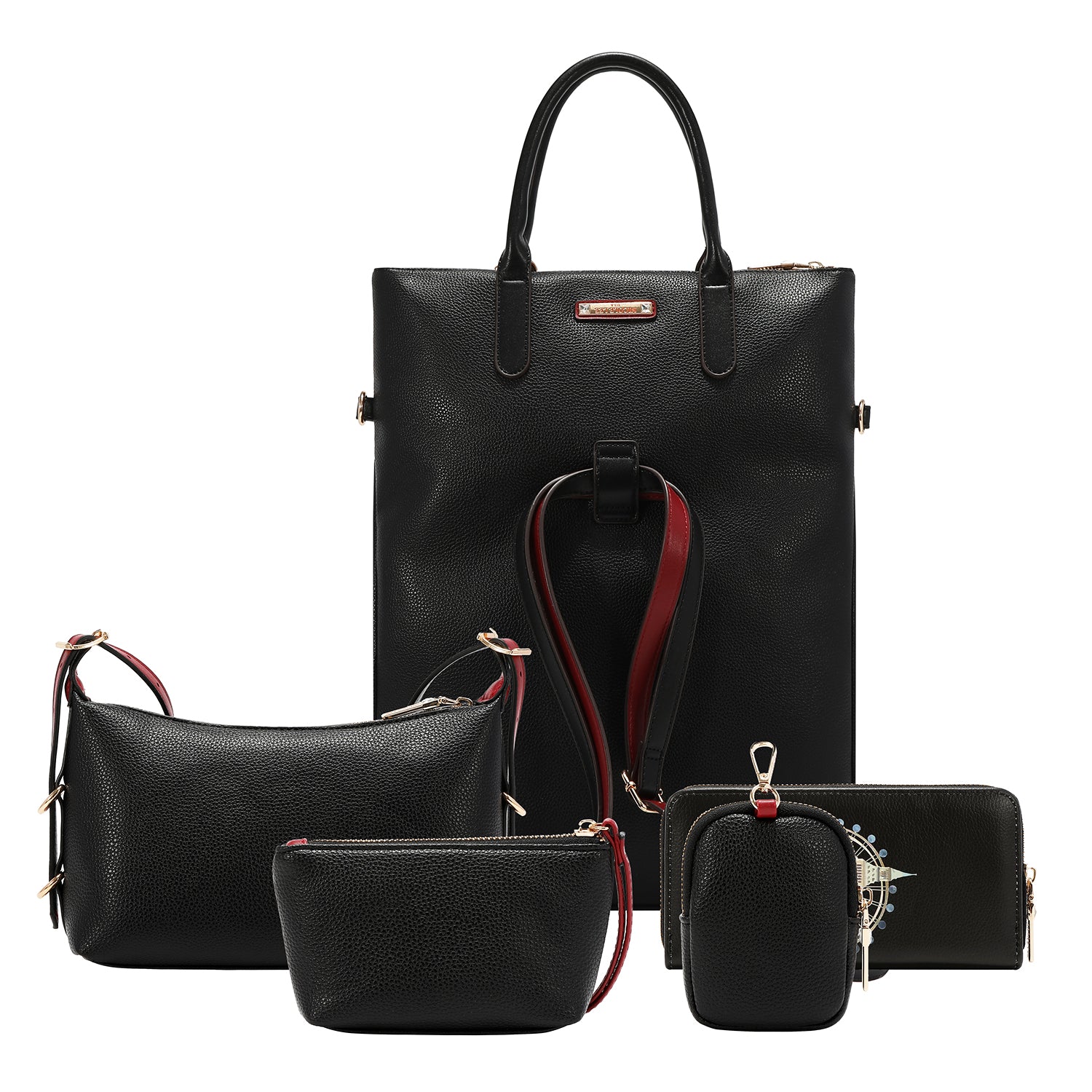 LONDON EYE 5 PC CONVERTIBLE BAG / BACKPACK SET (LARGE CONVERTIBLE BAG / BACKPACK, CROSSBODY, POUCH, COINPURSE, WALLET)