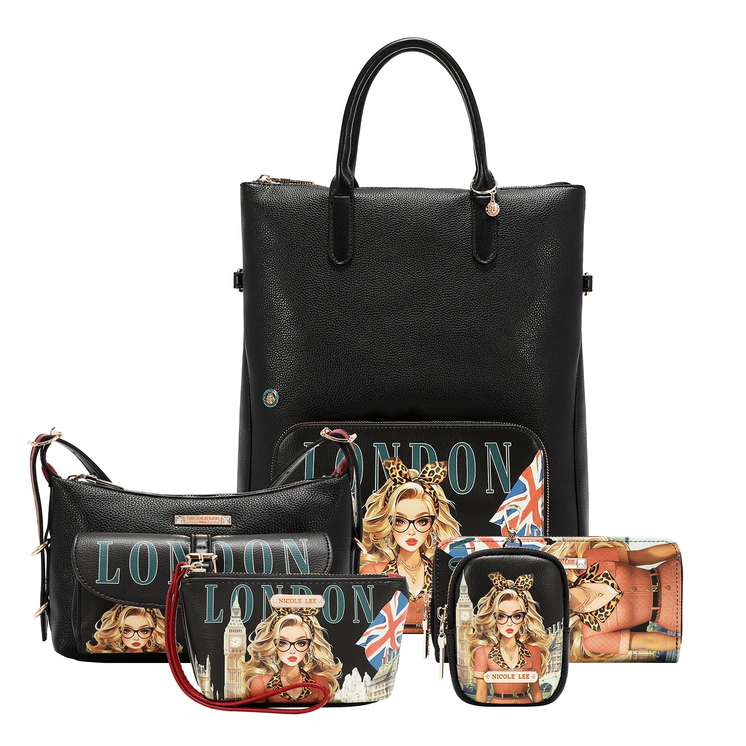 LONDON EYE 5 PC CONVERTIBLE BAG / BACKPACK SET (LARGE CONVERTIBLE BAG / BACKPACK, CROSSBODY, POUCH, COINPURSE, WALLET)