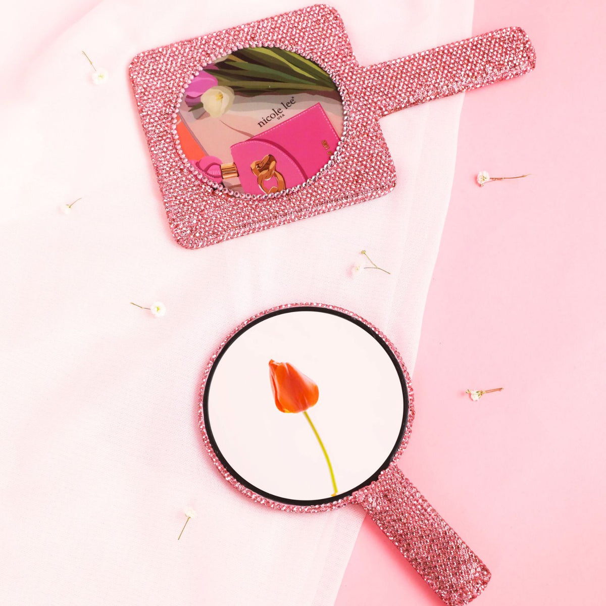 OUR RECTANGLE HAND MIRROR AND OUR ROUND MIRROR IN OUR NICOLE LEE VIOLET BLOSSOM DESIGN IN A PINK AND WHITE  LITTLE FLOWERS BACKGROUND