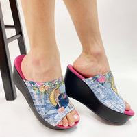 WEARING OUR NICOLE LEE CASUAL WEDGE SANDALS IN OUR DREAMING THE CITY DESING.