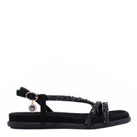 OUR DANI RHINESTONE SANDAL IN BLACK EMBELLISHED WITH A ADJUSTABLE BUCKLE CLOSURE WITH A NICOLE LEE CHARM FOR STATEMENT. SUEDE UPPER AND INSOLE. OPEN TOE AND RUBBER OUTSOLE