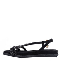 OUR DANI RHINESTONE SANDAL IN BLACK EMBELLISHED WITH A ADJUSTABLE BUCKLE CLOSURE. SUEDE UPPER AND INSOLE. OPEN TOE AND RUBBER OUTSOLE