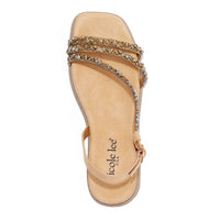 A VIEW FROM ABOVE OUR DANI RHINESTONE SANDAL IN COLOR GOLD.