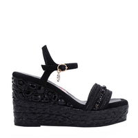 Kali Espadrille Wedge sandal in black.  Fitted with 1 adjustable buckle. The buckle has a small Nicole Lee Charm.The wedge is adorned with rhinestones and  braid detailing.