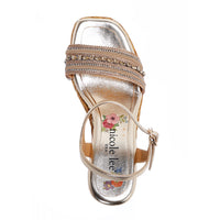 Kali Espadrille Wedge sandal in gold.  Fitted with 1 adjustable buckle. .The insole is gold with the Nicole Lee logo.