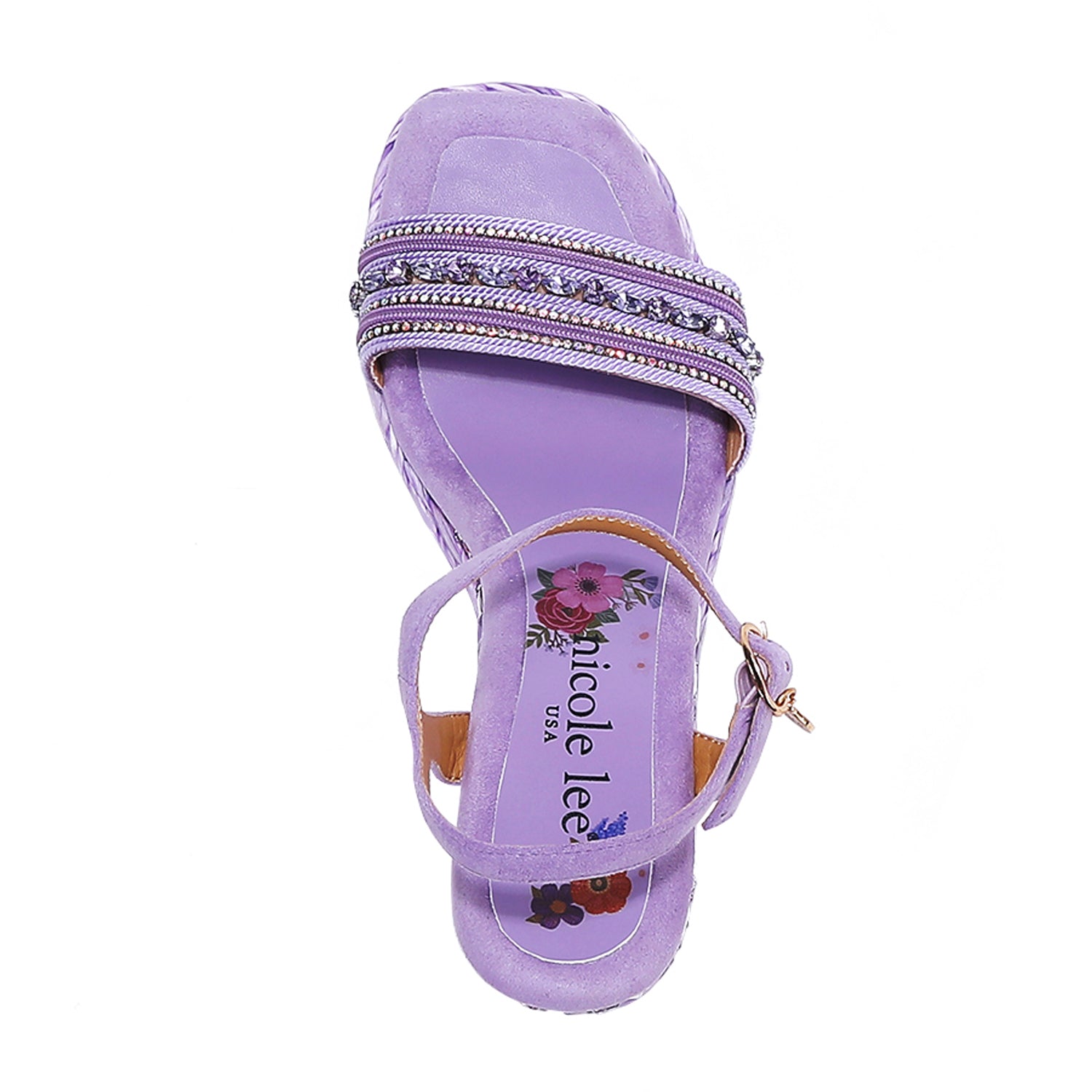 Kali Espadrille Wedge sandal in purple.  Fitted with 1 adjustable buckle. .The insole is purple with the Nicole Lee logo. The edge is velvet