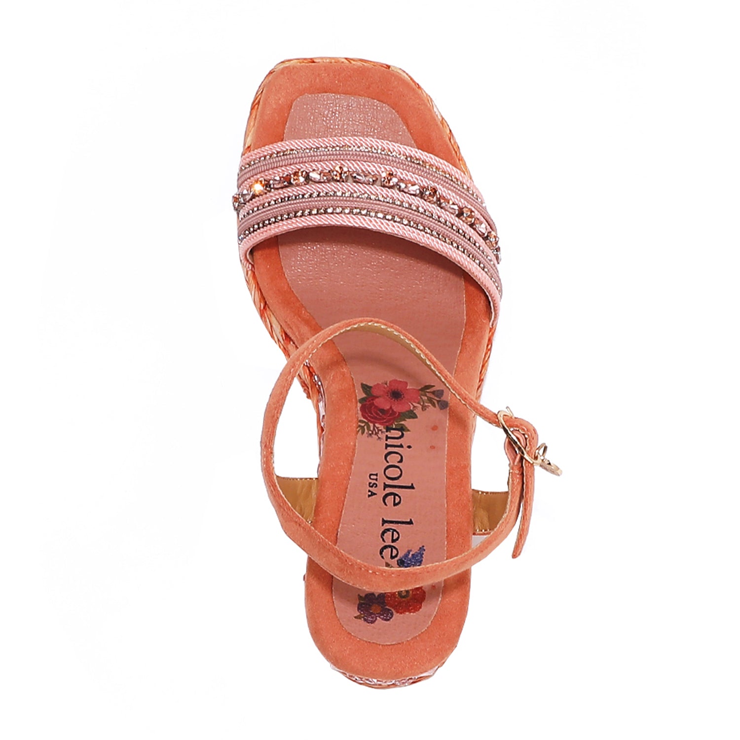 Kali Espadrille Wedge sandal in pink.  Fitted with 1 adjustable buckle. .The insole is pink with the Nicole Lee logo. The edge is velvet.