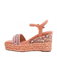 Kali Espadrille Wedge sandal in pink.  Fitted with 1 adjustable buckle. The buckle has a small Nicole Lee Charm.The wedge is adorned with rhinestones and  braid detailing.