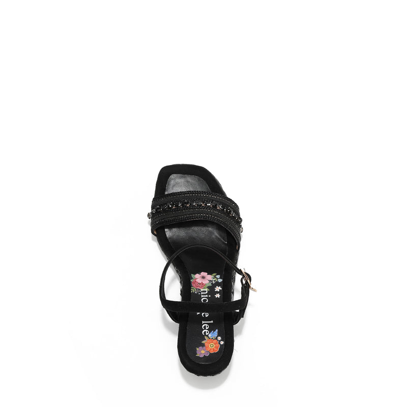 Kali Espadrille Wedge sandal in black.  Fitted with 1 adjustable buckle. .The insole is purple with the Nicole Lee logo. The edge is velvet.