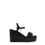 Kali Espadrille Wedge sandal in black.  Fitted with 1 adjustable buckle. The buckle has a small Nicole Lee Charm.The wedge is adorned with rhinestones and  braid detailing.