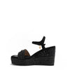 Kali Espadrille Wedge sandal in black.  Fitted with 1 adjustable buckle. The buckle has a small Nicole Lee Charm.The wedge is adorned with rhinestones and  braid detailing.