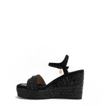 Kali Espadrille Wedge sandal in black.  Fitted with 1 adjustable buckle. The buckle has a small Nicole Lee Charm.The wedge is adorned with rhinestones and  braid detailing.