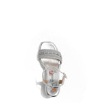 Kali Espadrille Wedge sandal in Silver.  Fitted with 1 adjustable buckle. .The insole is purple with the Nicole Lee logo. 