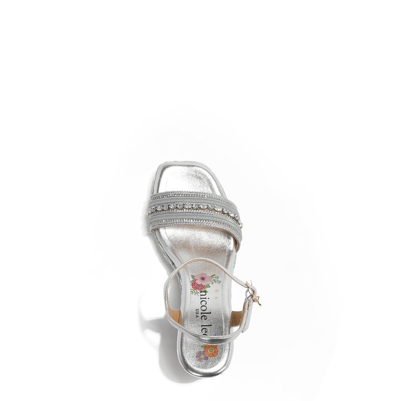 Kali Espadrille Wedge sandal in Silver.  Fitted with 1 adjustable buckle. .The insole is purple with the Nicole Lee logo. 