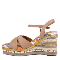 BONNIE ESPADRILLE WEDGE SANDAL IN BEIGE COLOR. FEATURING A STUNING  MIX OF  MATERIAL SUCH AS WOVEN, RHINESTONES AND FLORAL PRINT ON THE EDGE OF THE INSOLE. HAS A VARIATION OF COLOR ON THE WEDGE SUCH AS YELLOW MUSTARD, GOLD RHINESTONES. CRISSCROSS SUEDE STRAPS. ADJUSTABLE ANKLE STRAP WITH A NICOLE LEE CHARM. 
