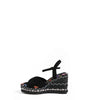 BONNIE ESPADRILLE WEDGE SANDAL IN BLACK COLOR. FEATURING A STUNING  MIX OF  MATERIAL SUCH AS WOVEN, RHINESTONES AND FLORAL PRINT ON HE EDGE OF THE INSOLE. CRISSCROSS SUEDE STRAPS. ADJUSTABLE ANKLE STRAP WITH A NICOLE LEE CHARM. 