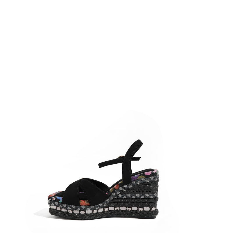 BONNIE ESPADRILLE WEDGE SANDAL IN BLACK COLOR. FEATURING A STUNING  MIX OF  MATERIAL SUCH AS WOVEN, RHINESTONES AND FLORAL PRINT ON HE EDGE OF THE INSOLE. CRISSCROSS SUEDE STRAPS. ADJUSTABLE ANKLE STRAP WITH A NICOLE LEE CHARM. 