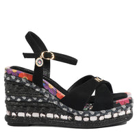 BONNIE ESPADRILLE WEDGE SANDAL IN BLACK COLOR. FEATURING A STUNING  MIX OF  MATERIAL SUCH AS WOVEN, RHINESTONES AND FLORAL PRINT ON HE EDGE OF THE INSOLE. CRISSCROSS SUEDE STRAPS. ADJUSTABLE ANKLE STRAP WITH A NICOLE LEE CHARM. 