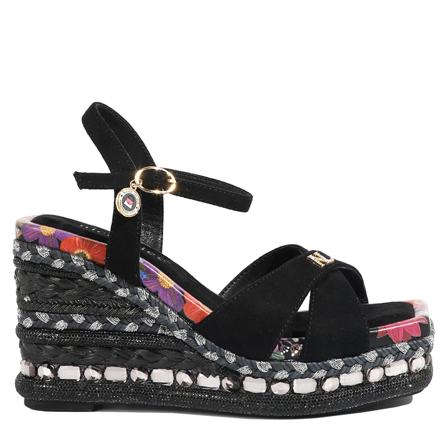 BONNIE ESPADRILLE WEDGE SANDAL IN BLACK COLOR. FEATURING A STUNING  MIX OF  MATERIAL SUCH AS WOVEN, RHINESTONES AND FLORAL PRINT ON HE EDGE OF THE INSOLE. CRISSCROSS SUEDE STRAPS. ADJUSTABLE ANKLE STRAP WITH A NICOLE LEE CHARM. 