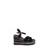 BONNIE ESPADRILLE WEDGE SANDAL IN BLACK COLOR. FEATURING A STUNING  MIX OF  MATERIAL SUCH AS WOVEN, RHINESTONES AND FLORAL PRINT ON HE EDGE OF THE INSOLE. CRISSCROSS SUEDE STRAPS. ADJUSTABLE ANKLE STRAP WITH A NICOLE LEE CHARM. 