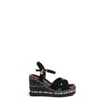 BONNIE ESPADRILLE WEDGE SANDAL IN BLACK COLOR. FEATURING A STUNING  MIX OF  MATERIAL SUCH AS WOVEN, RHINESTONES AND FLORAL PRINT ON HE EDGE OF THE INSOLE. CRISSCROSS SUEDE STRAPS. ADJUSTABLE ANKLE STRAP WITH A NICOLE LEE CHARM. 