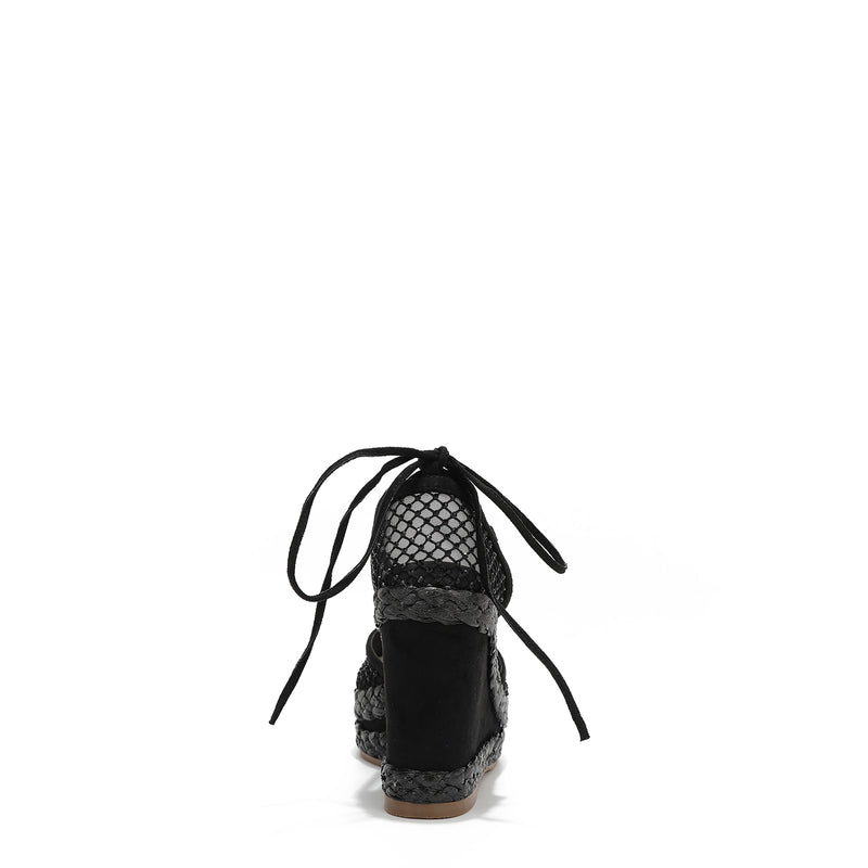 MAYA WRAP ESPADRILLE WEDGE SANDAL BACK WITH 4" PLATFORM WEDGE.