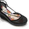 MAYA WRAP ESPADRILLE WEDGE SANDAL FRONT VIEW. REFINED RHINESTONE MESH CLOSED TOE CAP WITH A FLORAL PRINT INSOLE.