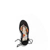 MAYA WRAP ESPADRILLE WEDGE SANDAL FROM A VIEW FROM ABOVE. FEATURES RHINESTONE MESH TOE CAP. TWO STRAPS THAT ARE TIED IN A BOW SHAPE.  THE INSOLE HAS A FLORAL PRINT.