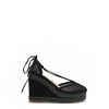 MAYA WRAP ESPADRILLE WEDGE SANDAL IN COLOR BLACK. RHINESTONE MESH TOE CAP AND A BRAIDED TRIM PLATFORM. IT HAS TWO STRAPS WHERE YOU CAN TIE IT ON THE BACK OF THE ANKLE.