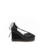 MAYA WRAP ESPADRILLE WEDGE SANDAL IN COLOR BLACK. RHINESTONE MESH TOE CAP AND A BRAIDED TRIM PLATFORM. IT HAS TWO STRAPS WHERE YOU CAN TIE IT ON THE BACK OF THE ANKLE.