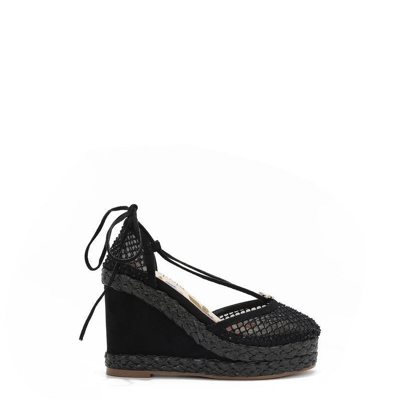 MAYA WRAP ESPADRILLE WEDGE SANDAL IN COLOR BLACK. RHINESTONE MESH TOE CAP AND A BRAIDED TRIM PLATFORM. IT HAS TWO STRAPS WHERE YOU CAN TIE IT ON THE BACK OF THE ANKLE.