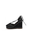 MAYA WRAP ESPADRILLE WEDGE SANDAL IN COLOR BLACK. RHINESTONE MESH TOE CAP AND A BRAIDED TRIM PLATFORM. IT HAS TWO STRAPS WHERE YOU CAN TIE IT ON THE BACK OF THE ANKLE.