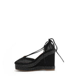 MAYA WRAP ESPADRILLE WEDGE SANDAL IN COLOR BLACK. RHINESTONE MESH TOE CAP AND A BRAIDED TRIM PLATFORM. IT HAS TWO STRAPS WHERE YOU CAN TIE IT ON THE BACK OF THE ANKLE.