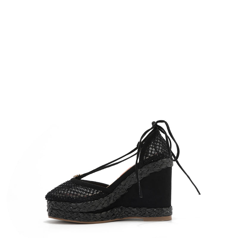 MAYA WRAP ESPADRILLE WEDGE SANDAL IN COLOR BLACK. RHINESTONE MESH TOE CAP AND A BRAIDED TRIM PLATFORM. IT HAS TWO STRAPS WHERE YOU CAN TIE IT ON THE BACK OF THE ANKLE.
