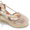 MAYA WRAP ESPADRILLE WEDGE SANDAL FRONT VIEW. REFINED RHINESTONE MESH CLOSED TOE CAP WITH A FLORAL PRINT INSOLE.