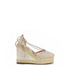 MAYA WRAP ESPADRILLE WEDGE SANDAL IN COLOR GOLD. RHINESTONE MESH TOE CAP AND A BRAIDED TRIM PLATFORM. IT HAS TWO STRAPS WHERE YOU CAN TIE IT ON THE BACK OF THE ANKLE.