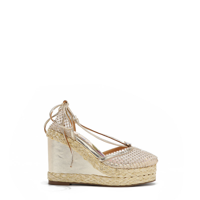 MAYA WRAP ESPADRILLE WEDGE SANDAL IN COLOR GOLD. RHINESTONE MESH TOE CAP AND A BRAIDED TRIM PLATFORM. IT HAS TWO STRAPS WHERE YOU CAN TIE IT ON THE BACK OF THE ANKLE.