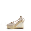 MAYA WRAP ESPADRILLE WEDGE SANDAL IN COLOR GOLD. RHINESTONE MESH TOE CAP AND A BRAIDED TRIM PLATFORM. IT HAS TWO STRAPS WHERE YOU CAN TIE IT ON THE BACK OF THE ANKLE.