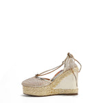 MAYA WRAP ESPADRILLE WEDGE SANDAL IN COLOR GOLD. RHINESTONE MESH TOE CAP AND A BRAIDED TRIM PLATFORM. IT HAS TWO STRAPS WHERE YOU CAN TIE IT ON THE BACK OF THE ANKLE.