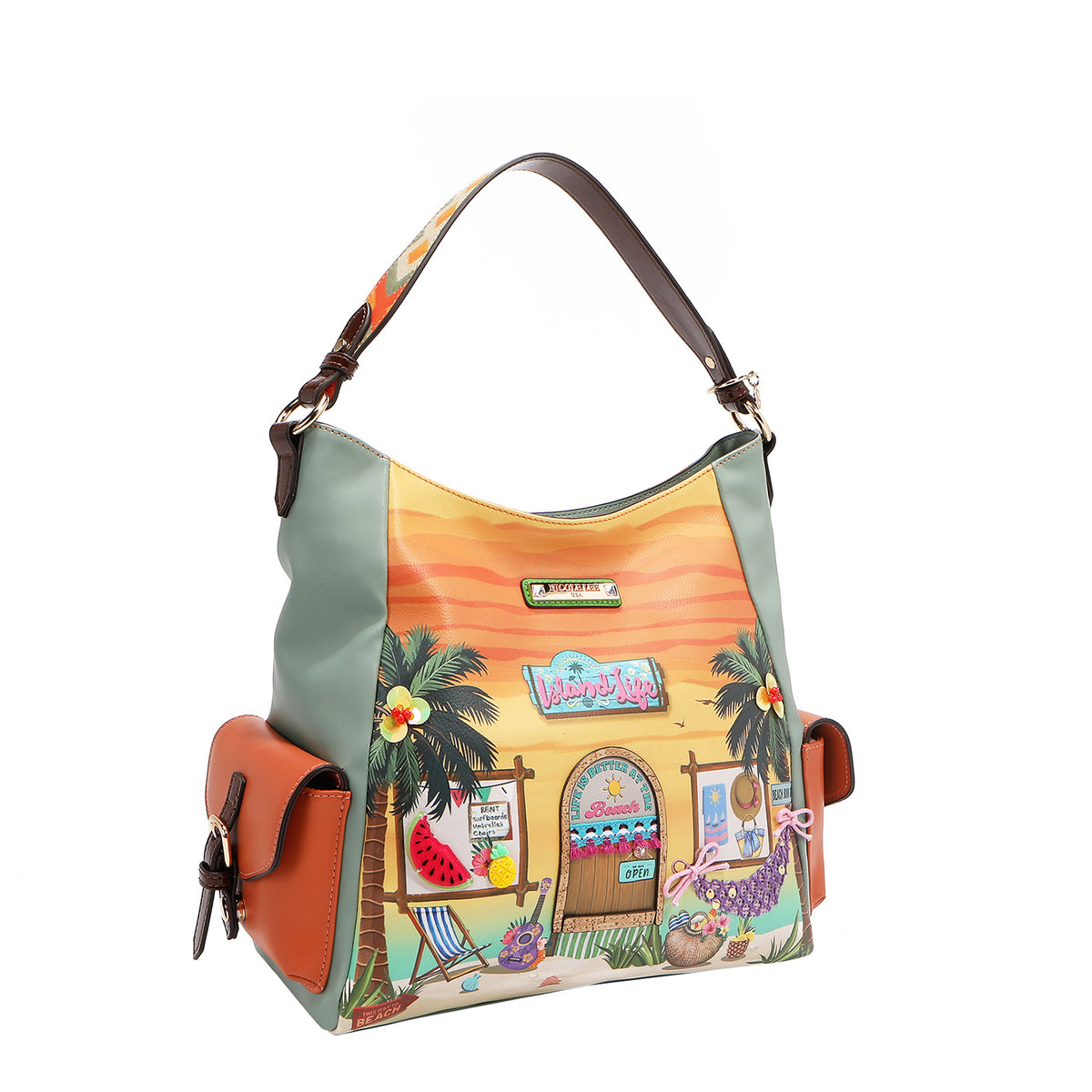 Our Sun and sand Hobo bag with a tropical design featuring palm trees and a beach hut.